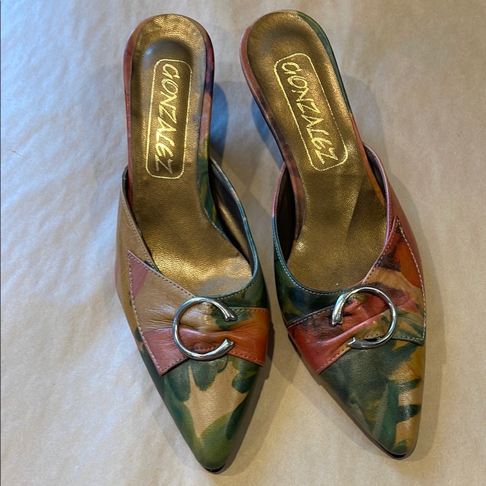 GONZALEZ Multicolor Leather Pointed-Toe Mules Slip-On Shoes Size 7.5 VTG